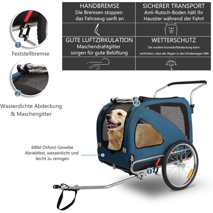 Причіп для собак XL для велосипеда та візка 2-в-1 з гальмом та світловідбивачами, міцний матеріал 600D Oxford, вантажопідйомність до 40 кг (Блакитний)