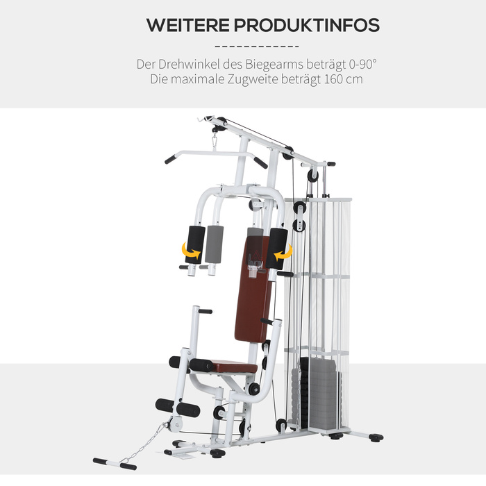 HOMCOM Home Fitness Station, total weight 45kg, with press arm, leg developer, rolling pads, PU leather, 150 x 110 x 210 cm, White | Aosom
