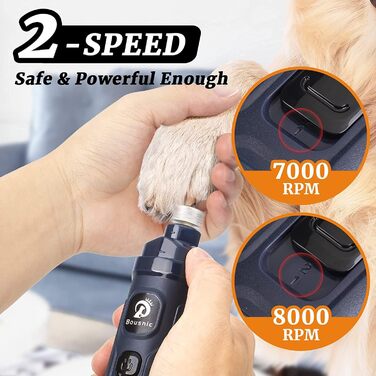 Шліфувальник для собак Bousnic Krallenschleifer з 2 LED-ліхтариками - тихий, потужний електричний триммер для догляду за кігтями собак та котів (Navy)