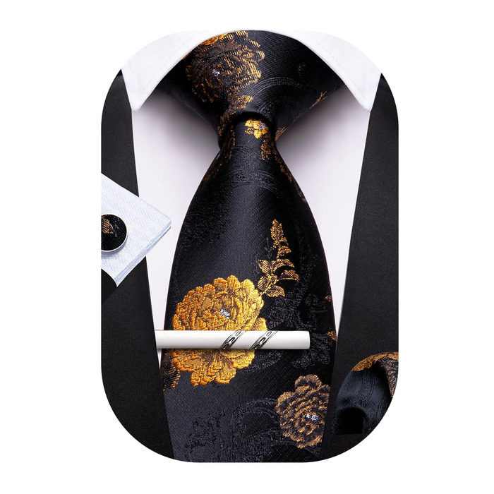 Краватки Barry.Wang для хлопчиків, 119.9 см, самов'язування, краватка-хустинка, шкільна форма, випускний, виступ, вік 6-15 років (чорні з золотими квітами)