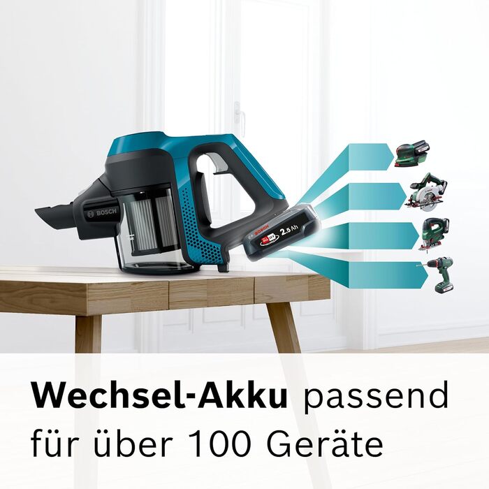 Bosch Unlimited Serie 6 BKS6111P cordless vacuum cleaner, cordless handheld vacuum, bagless, lightweight, hygiene filter, high suction power, long runtime, crevice nozzle, suitable for all floor types, blue