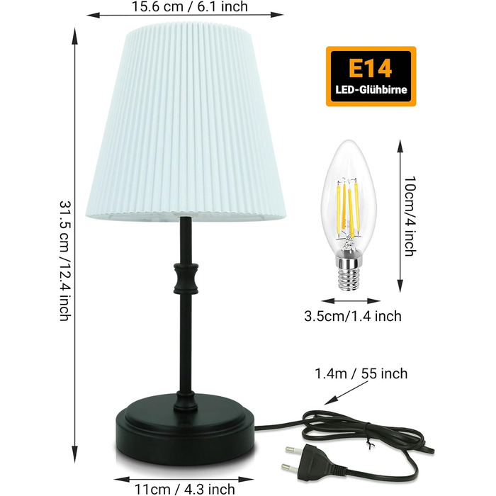 Торшер на тумбочку з сенсорним керуванням, регульована яскравість, 31.5 см, ретро-дизайн, чорний. Ідеальний подарунок на Новий Рік та Різдво