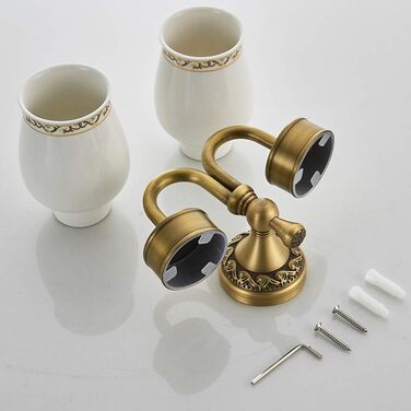 Home Antike Toothbrush Holder, Brass Tooth Cup Holder, Retro Classic Solid Copper Toothbrush Holder and Ceramic Glass Shape Double Toothbrush Holder