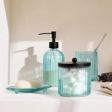4-Piece Heavy Glass Bathroom Accessories Set with Decorative Pressed Pattern – Includes Soap Dispenser, Tumbler, Soap Dish, and Toothbrush Holder (Blue-black)