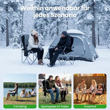 Кемпінговий стілець розкладний (до 200 кг) з подушкою 6 см - великий стілець для риболовлі, кемпінгу, саду та фестивалів. Міцний стілець з бічними кишенями та сумкою для транспортування (чорно-сірий, поодинокий)
