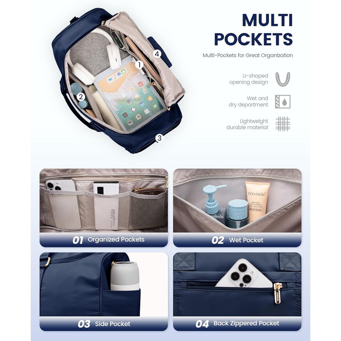 Спортивна сумка LOVEVOOK для подорожей: жіноча дорожня сумка-weekender з косметичкою, відділенням для взуття та мокрих речей, водонепроникна, ручна поклажа, для фітнесу, відпочинку, кемпінгу, блакитна M