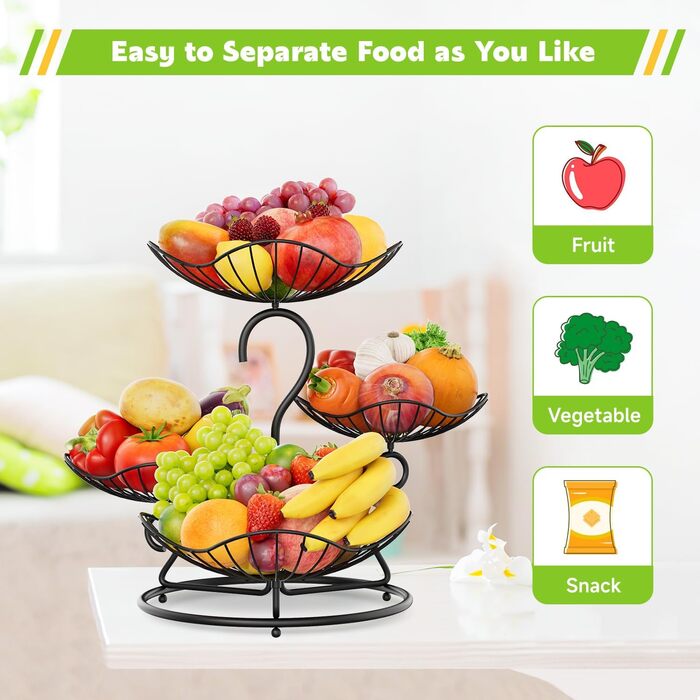 PouHenier 5-ярусна металева фруктова корзина для зберігання фруктів та овочів, чорного кольору з підставкою для бананів