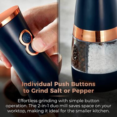 Електричні мельниці для солі та перцю Tower, працюють від батарейок, з регульованими керамічними жорнами, рожеві та рожево-золоті, T847004PNK (Темно-синій)
