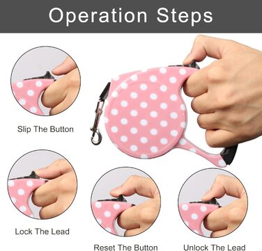 Висувна поводок для собак, 5 м, для маленьких та середніх собак до 25 кг, антизаплутування, міцний нейлоновий поводок (рожево-білі крапки)