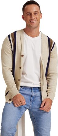 Чоловіча в'язана кофта NITAGUT з вінтажним смугастим дизайном, довгі рукави, V-подібний виріз, ґудзики (L, Смугаста, Бежево-коричнева)