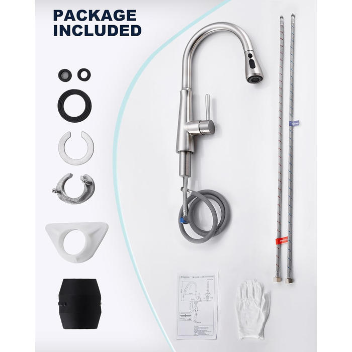 Змішувач кухонний iVIGA висувний з дозатором, водоспад, 360° поворот, 3 режими, щітене нікель