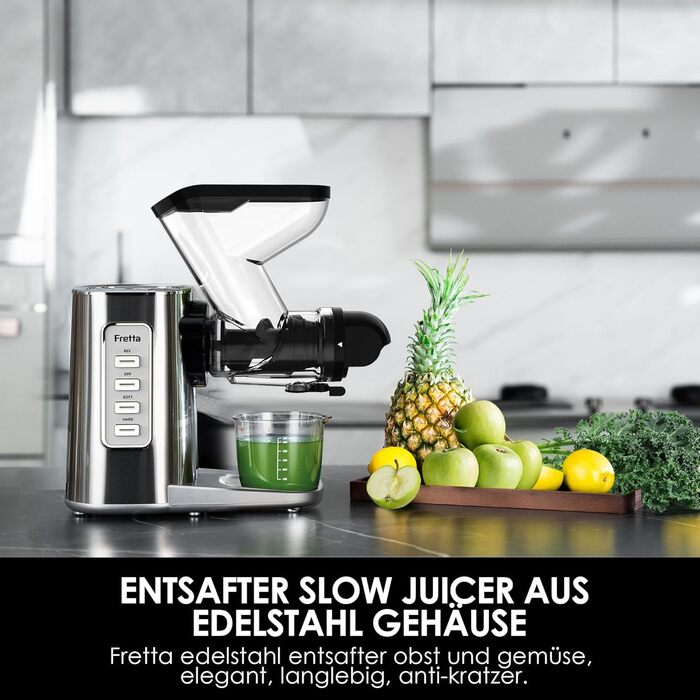 Електричний соковитискач Fretta Slow Juicer з нержавіючої сталі, 200W, Cold Press, велика завантажувальна горловина 76 мм, висока сафровидача, легке очищення, без BPA