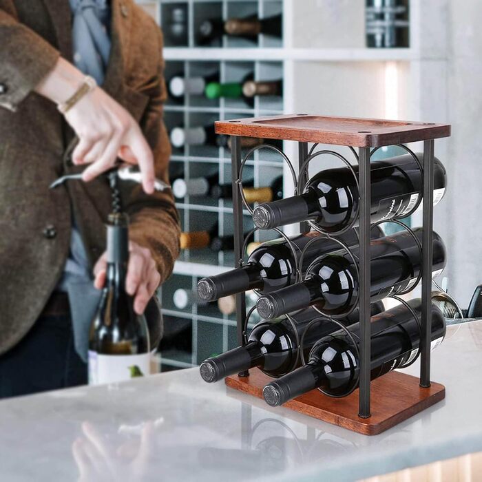 Wine rack with glass holders, tabletop wine rack with tray, freestanding wooden wine rack, perfect for home decor & kitchen storage rack, etc. (holds 6 bottles and 2 glasses) (Holds 6 Bottles)