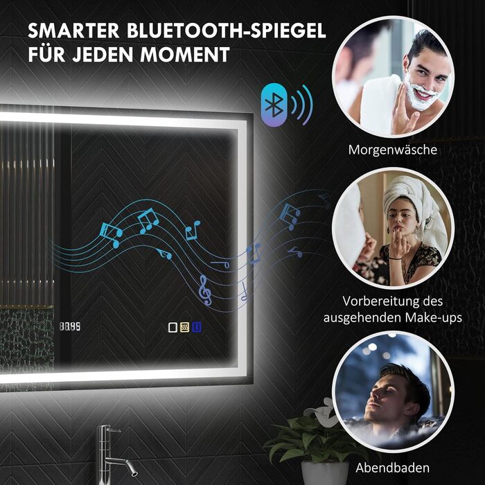 Дзеркало для ванної кімнати HOMCOM з підсвічуванням 100x80 см, LED, Bluetooth, годинник, 3 кольори світла, антизапар, сенсорне керування, срібне