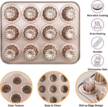 Canele Backform Mini Bordelais Canelé Backforms, Canelé Baking Molds, Bordeaux Baking Mold, Jelly Mold, Muffin Mold, Baking Sheet, Non-Stick for Canelés, Muffins, Pudding, Cupcakes, Bread, Carbon Steel, 12 Cavities