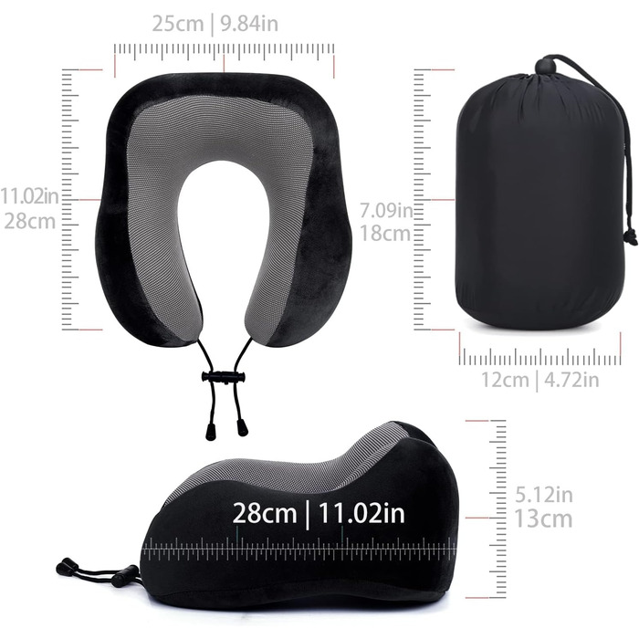 Подушка для шиї в літак, поїздки: Memory Foam, регульована, компактна, ергономічна, м'яка, дихаюча з навушниками, маскою для сну, чохлом (Чорний)