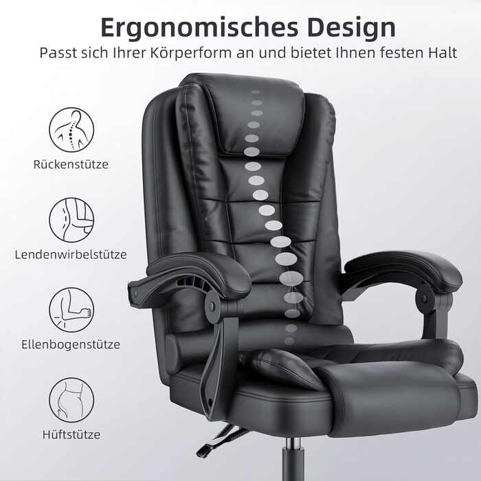 Крісло шеф-кухар Rattantree: ергономічне офісне крісло з регулюванням висоти та нахилу, PU шкіра, чорний колір, без підніжки