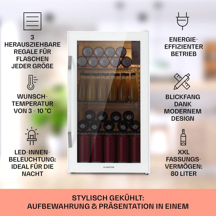 Klarstein Mini Fridge with Glass Door - 80L Compact Beverage Cooler with Adjustable Shelves & Wave Design Racks