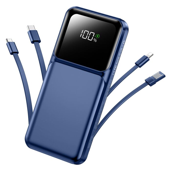 Повербанк 20000 mAh з вбудованим кабелем, швидка зарядка 22.5W, LED-дисплей, USB-C, зовнішній акумулятор для iPhone та Samsung, синій