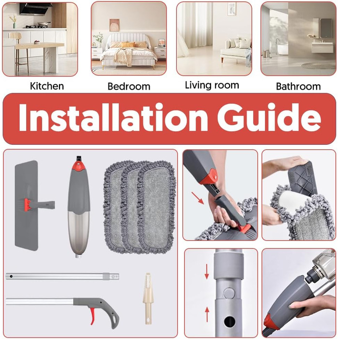 Швабра з розпилювачем Domi-Patrol з 3 змінними мікрофібровими насадками, 435 мл резервуар для води, сіра