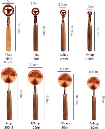 Measuring cups and spoons with wooden handles, 8-piece set, coffee bartender scale, kitchen accessories (Rose Gold)