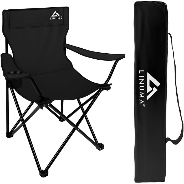 LINUMA® Складний стілець для риболовлі та відпочинку на природі - чорний, з підстаканником та сумкою для перенесення