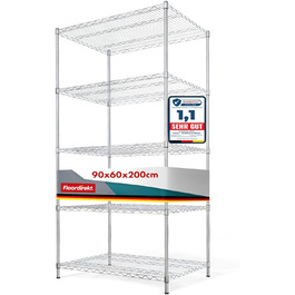Floordirekt Kitchen Shelf, Grid Shelf, Metal Shelf | Load capacity approx. 70kg per level Multifunctional storage shelf, bathroom shelf, storage shelf, cellar shelf Chrome (60x35x90cm | 3 shelves) Everest (90 x 60 x 200 cm | 5 shelves)