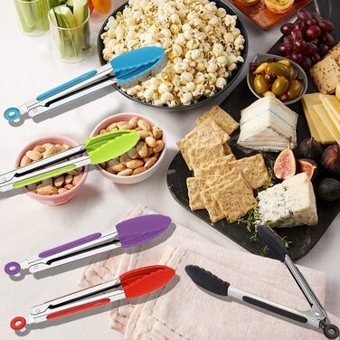 Lecoku Mini Kitchen Tongs Set of 5, small stainless steel tongs with silicone tips, 17.8 cm, serving tongs, cooking tongs for salad, roasting, and grilling