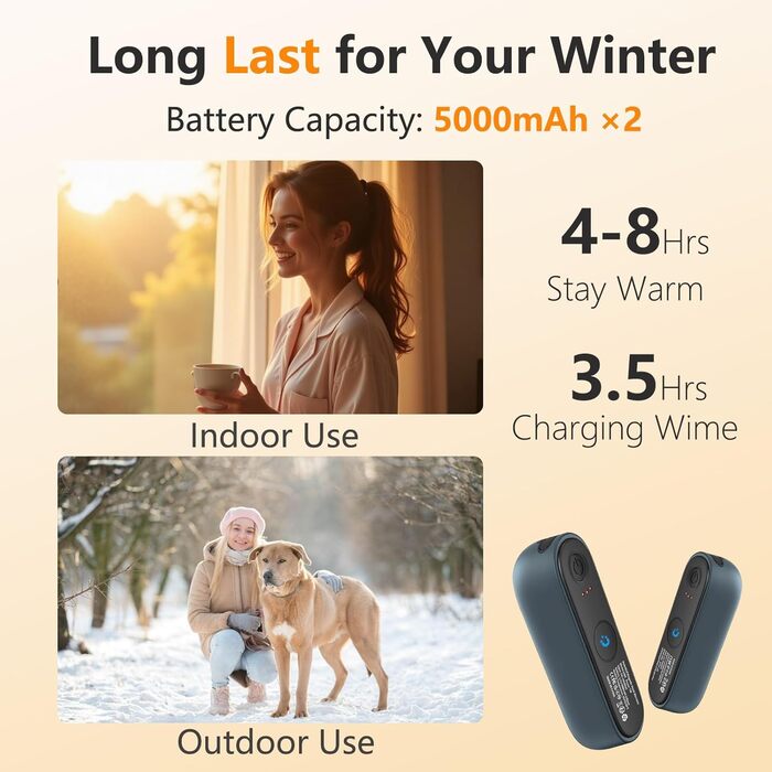 Електричний гріє для рук та кишень 2-в-1, 10000mAh, з магнітним кріпленням, 3 режими нагріву, багаторазовий, для активного відпочинку, кемпінгу, подарунок для жінок та чоловіків (Стандарт - Синьо-сірий)