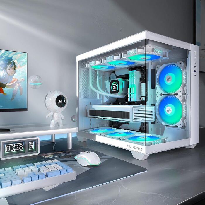 Корпус ПК ATX MUSETEX Y6 з 6 PWM ARGB вентиляторами, підтримка 360мм радіатора, Type-C, скляна панель 270°, білий