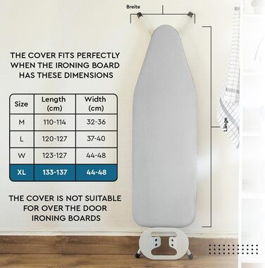 Глянцевий силіконовий чохол для прасувальної дошки Encasa XO, 135x45 см, з товстим шаром піни та фетру, стійкий до нагару та плям, XL сріблястий, люкс