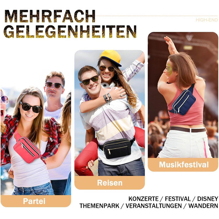 Чоловіча та жіноча поясна сумка Bauchtasche, стильна сумка на пояс для фестивалю, з регульованим ремінком та кількома кишенями, чорна. Підходить для бігу, спорту, прогулянок з собакою.