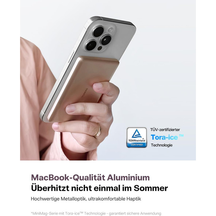 Powerbank TORRAS MiniMag Ultra Slim з MagSafe для iPhone 17 Pro Max, 5000mAh, Швидка зарядка, Бездротовий акумулятор, USB-C, Сірий Титан (Золото)