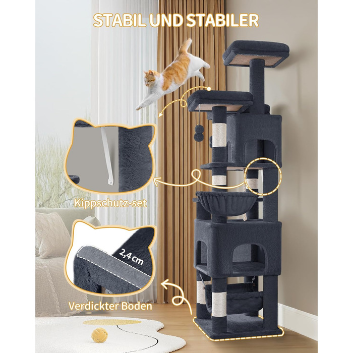 Кігтеточка для котів Hzuaneri, 176 см, XL, 3 платформи, 2 печери, 7 кігтеточних стовпів, гамак, плюшеві кульки, для багатокотових домівок, темно-сірий MS17618SG