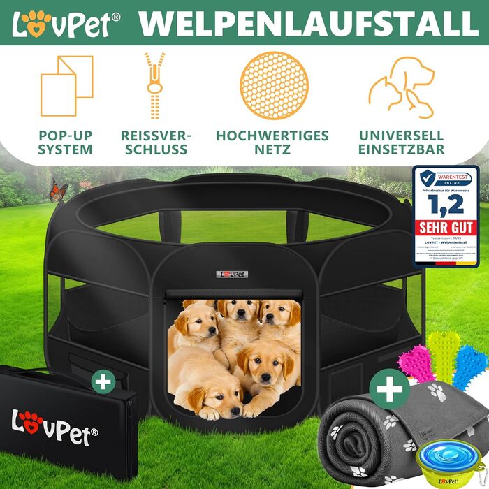 LOVPET® Foldable Pet Playpen with Bowl & Fleece Blanket - Indoor/Outdoor Dog & Cat Enclosure - Pop-Up Oxford Fabric