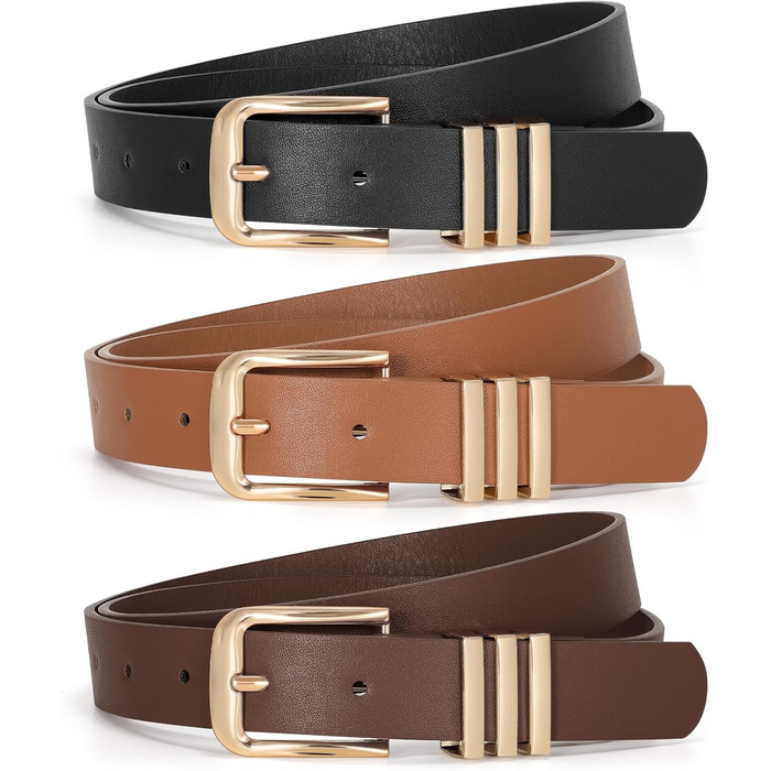 Жіночі шкіряні ремені JasGood (3 шт.) - чорний, коричневий, темно-коричневий (з золотою пряжкою). Підійдуть на талію 78-108 см