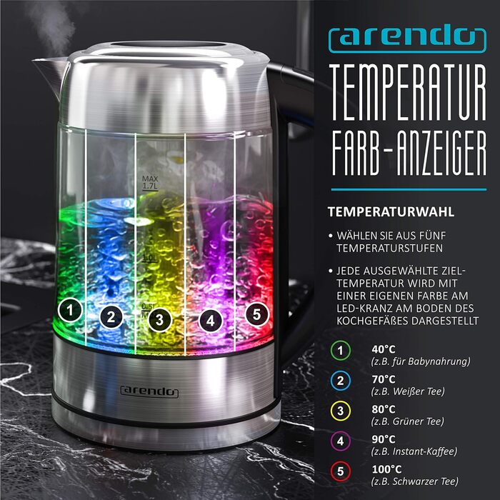 Arendo - Glass Kettle with Temperature Setting – 1.7l - Adjustable Temperatures 40° - 100 °C – Digital Temperature Display - Keep Warm Function – Energy-Saving – BPA-Free - RGB Lighting