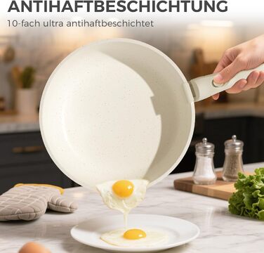 Набір кухонного посуду YASHE 15 предметів: каструлі та сковорідки з гранітно-посудомийним покриттям, знімні ручки, компактний, легко миється, сумісний з індукцією, газом та склокерамікою, білий