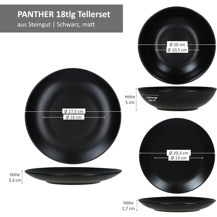 Набір посуду MamboCat Panther 18 предметів чорного кольору (матова кераміка) для 6 осіб: 6 тарілок для їжі, 6 супових тарілок 420 мл, 6 десертних тарілок