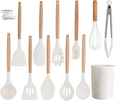 Набір кухонних помічників 12 шт. з силікону з дерев'яними ручками, термостійкий, антипригарний, повний комплект: щипці, лопатки, ложки (білий)