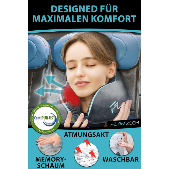 Подушка для шиї FlowZoom Comfy: регульована, з memory foam, для подорожей (літак, авто)