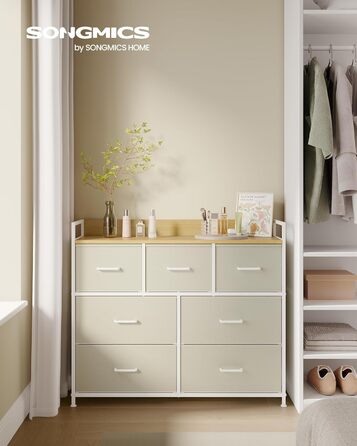SONGMICS Chest of Drawers, Cabinet, 7 Fabric Drawers with Handles, Metal Frame, Industrial Design, Vintage Brown-Ink Black LTS137B01 (Cream White + Cloud White, 28.5W x 98D x 85H cm)