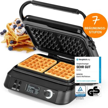 N8WERK Premium Waffle Maker for Belgian Waffles | Powerful 1,600 Watts, double heating elements, 5 programs & 7 browning levels | LCD display, timer, extra deep heating plates for particularly airy waffles