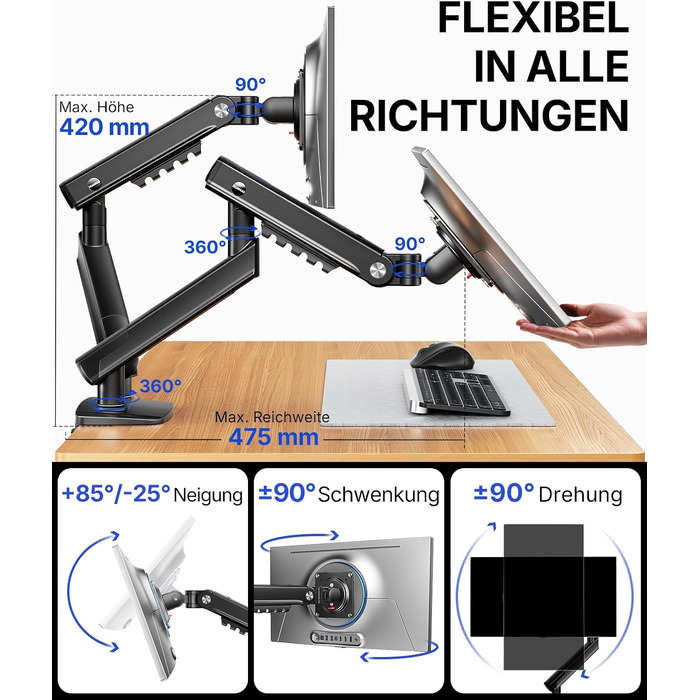 Кронштейн для двох моніторів HUANUO FlowLift Pro MechaSpring, 13–32 дюйми, до 9 кг, VESA 75/100 мм, регулювання нахилу, повороту та обертання, для геймінгу та офісу