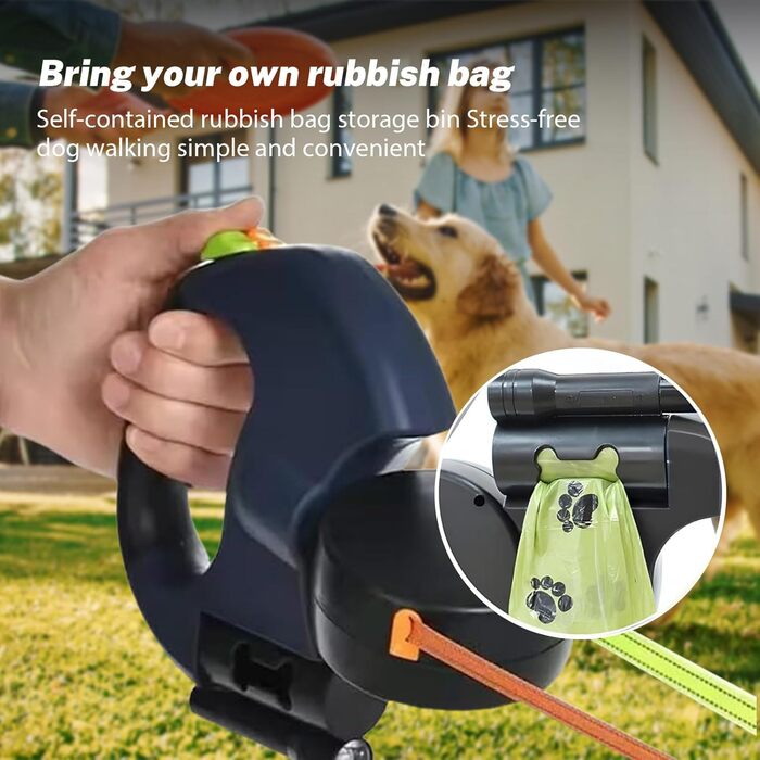 Висувна поводок для собак, 3 метри з LED-підсвіткою, подвійний поводок для 2 собак, обертання на 360°, без перекручування, з пакетами для вигулу, для собак до 50 кг, для тренувань та прогулянок (Чорний)