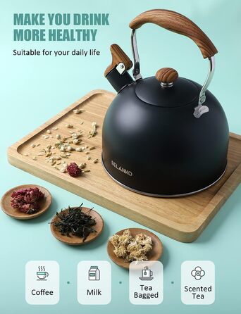 Чайник BELANKO з свистком, 2,5 л, нержавіюча сталь, з дерев'ястим малюнком, складаний ручка, для чаю, кави, молока – блакитний (чорний)
