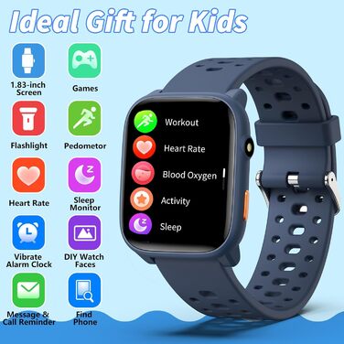 Дитячий розумний годинник Smartwatch Kinder з фітнес-трекером: пульсометр, крокомір, моніторинг сну, водонепроникність IP68, ігри, 1.85' HD-екран для дівчаток та хлопчиків 6-16 (блакитний)