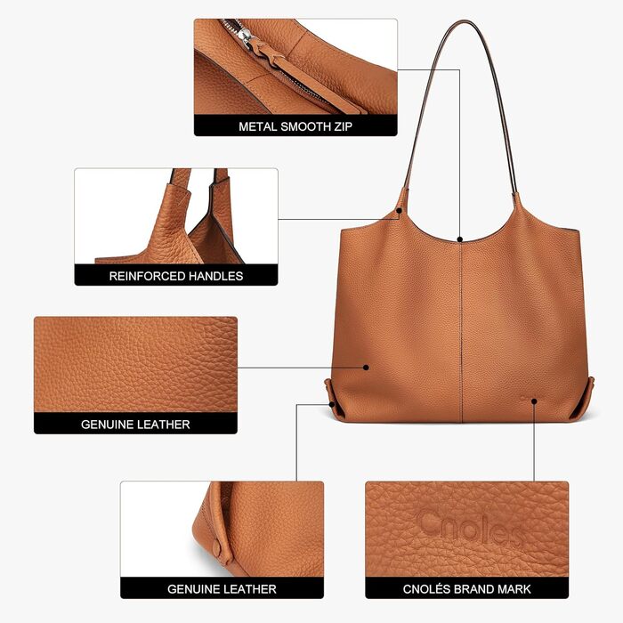 Шкіряна сумка-шопер Cnoles для жінок, велика сумка-тоут на плече для офісу, школи, покупок, коричнева 39x12x28.5 см