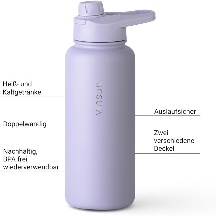 Stainless steel water bottle, purple, 1L - Straw, drinking spout - leak-proof, carbonated beverage compatible, BPA-free - Thermos bottle, sports, outdoor, school, university, bicycle, hiking, gym