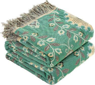HOORDRY Reversible Boho Daybed Cover with Tassels, 230x250CM, 100% Cotton Woven Throw Blanket, Couch Throw, Living Room Throw, Reversible Throw, Cozy Blanket, Sofa Blanket, Armchair Blanket with Pattern, Sunflowers, Green/Beige Sunflower 230×250CM